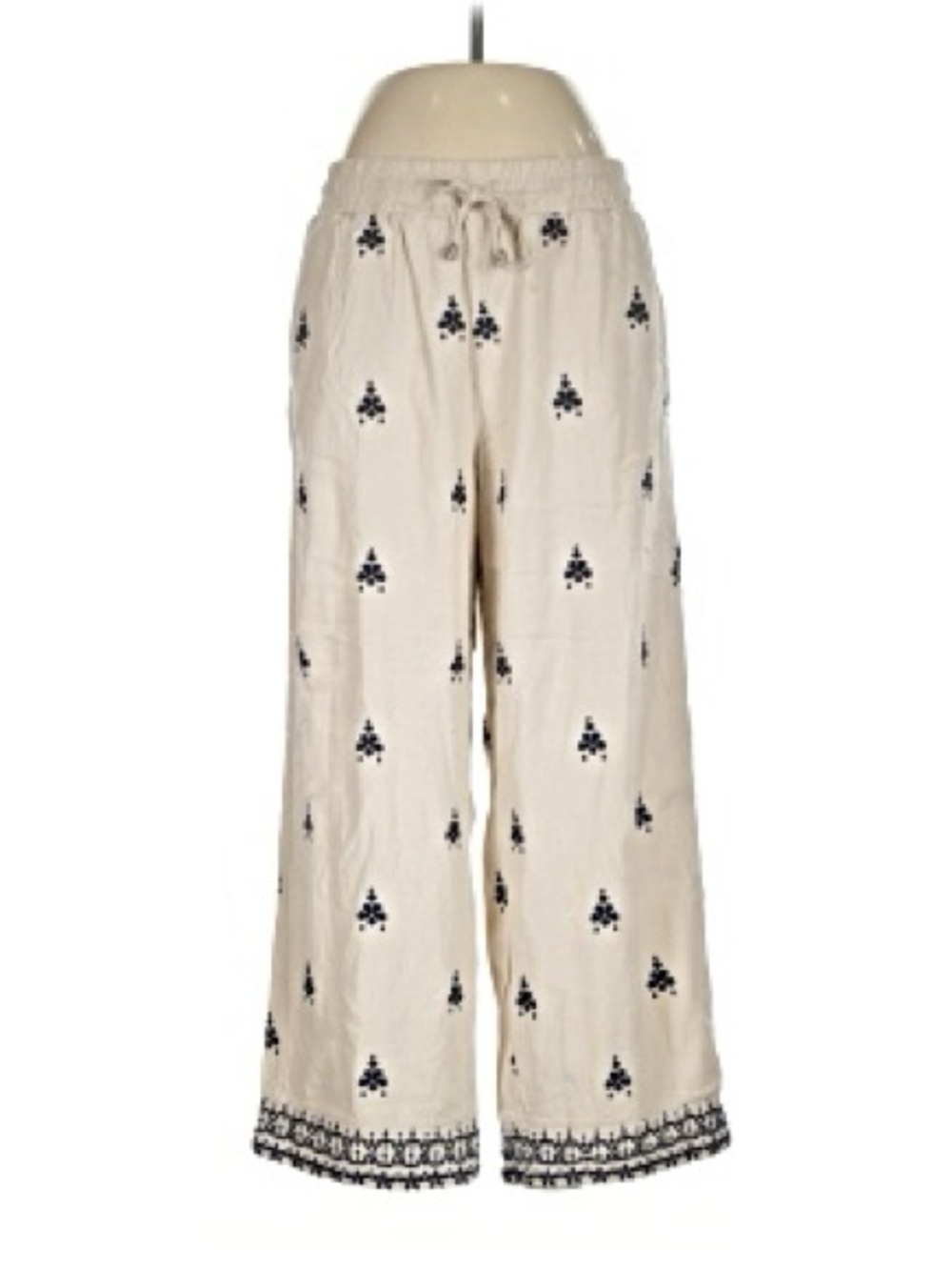 Calligraphie Linen Blend Pants Large Hem Border Geometric Embroidery Beige
